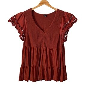 Torrid Maroon Smocked Baby Doll Eyelet Flutter Sleeve Tiered Babydoll Top 4